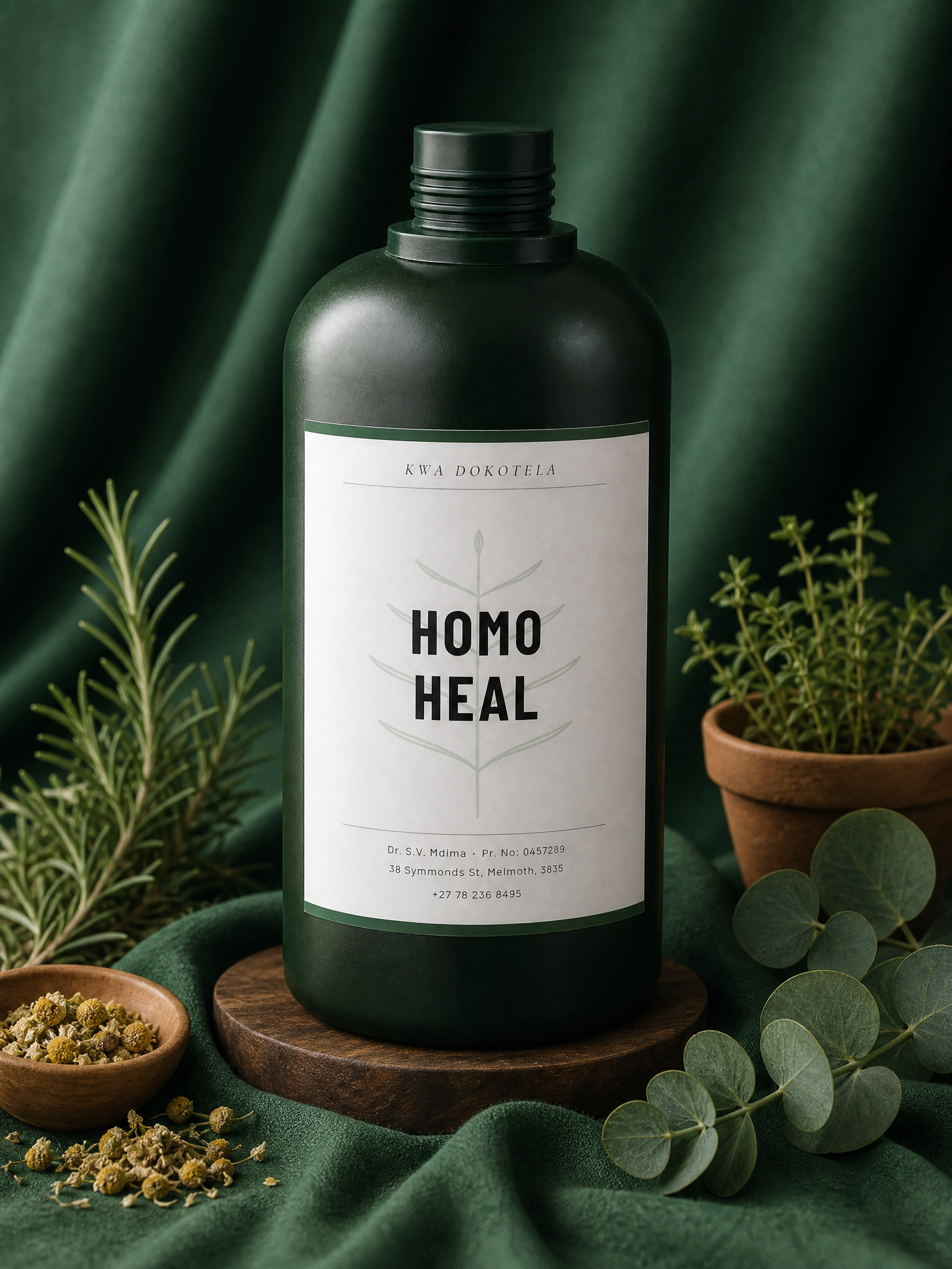 Homoheal label top detail — Kwa Dokotela mark and accent bar